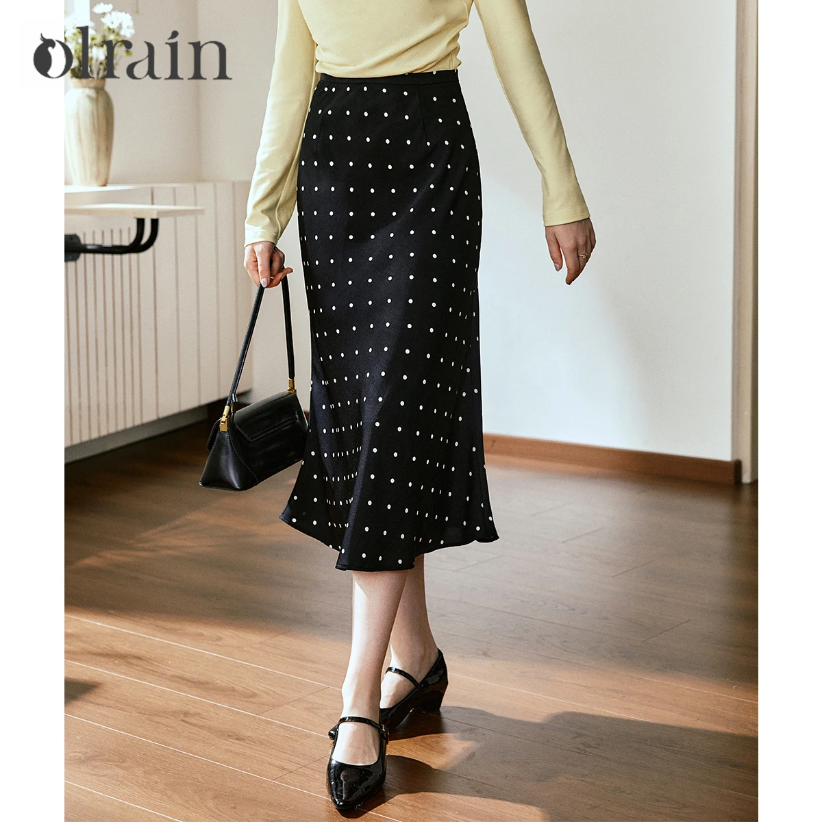 

OLrain A-Line Black White Dot Print French Skirt women's 2025 Autumn High waist Slim-Fit Midi Skirt Tops Lady O57QB000228