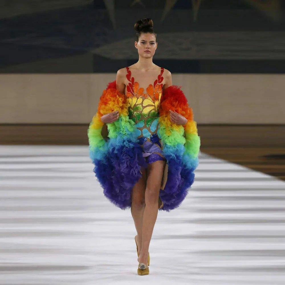 

Rainbow tulle Colorful Women Jacekt waistcoat Women Female Cape Outerwear Coat Stage Performance Costumes
