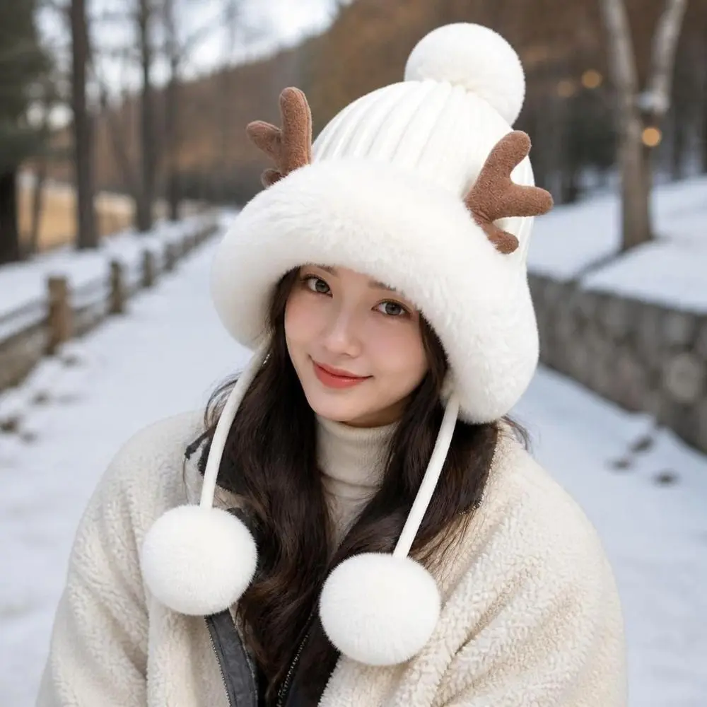 Cute Thick Knit Trapper Hat Warm Insulation Deer Antler Design Knit Beanie Pom-Pom Detail Winter Hat Outdoor Wear