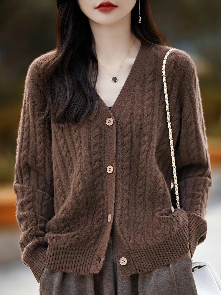 

Women V-neck Cable Knitting Wool Cardigan Autumn Winter Basic Soft Warm Long Sleeve Sweater 100% Merino Wool Knitwear Tops