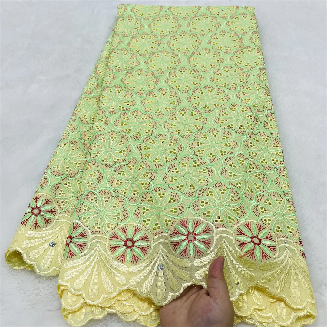 

Latest Swiss Voile Lace With Stone Nigerian Lace Fabric 5Yards African Embroidery 100% Cotton Fabric For Party Dress Sewing