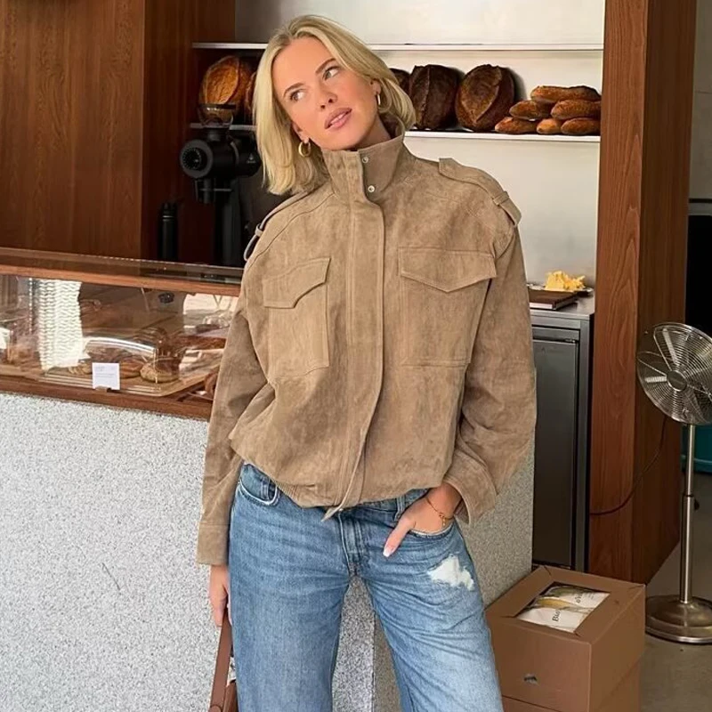 MUJER Giacca bomber in pelle scamosciata Donna Giacche oversize da mezza stagione per capispalla da donna Cappotto invernale Giacche da donna con zip femminile