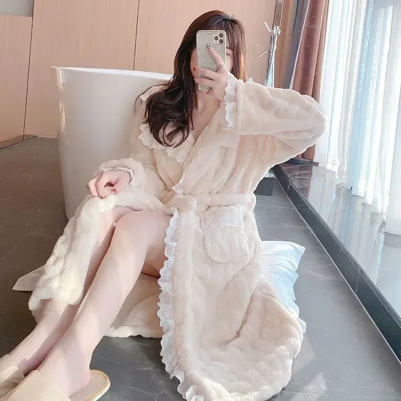 Belt Women Robe Nightdress For Pajama Warm Nightgown Wear Long Homewear Sleeve Night Lace Winter Sleepwear Japanese Solid Fleece