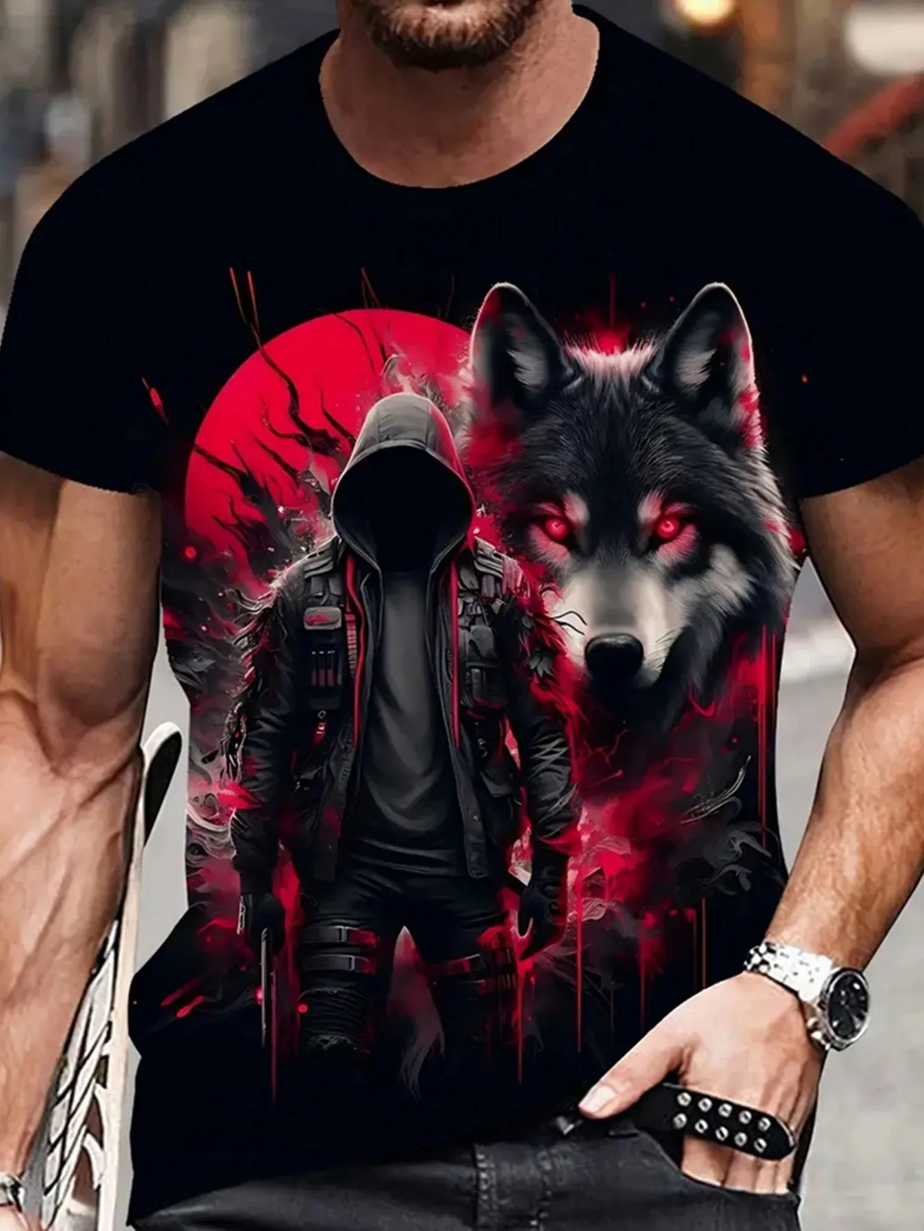 Men's Black Short Sleeve Graphic Tee with Red Wolf and Hooded Figure Design