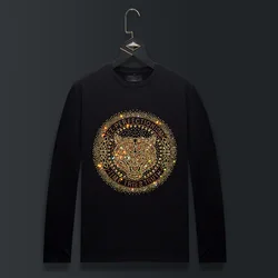 High Quality O Neck Long Sleeve Cartoon T Shirts Men Streetwear Fashion Rhinestones Modal Cotton Slim Tshirts Mens Clothing
