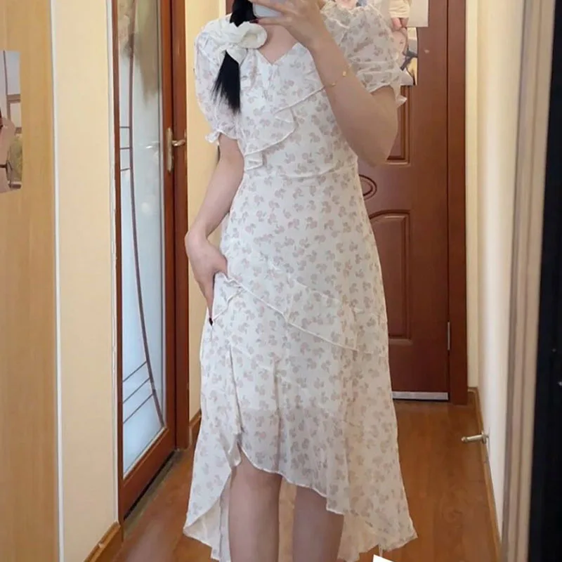 

Женское летнее платье с цветочным принтом, новое французское высококачественное приталенное модное шикарное милое и острая асимметричное платье