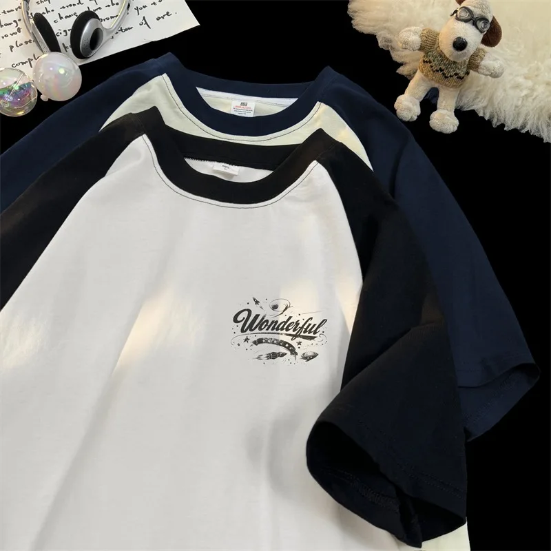 Raglan-T-Shirt aus reinem Baumwoll-Raglan mit kurzen Ärmeln und Rundhals ausschnitt, trend iges und vielseitiges Paar-T-Shirt