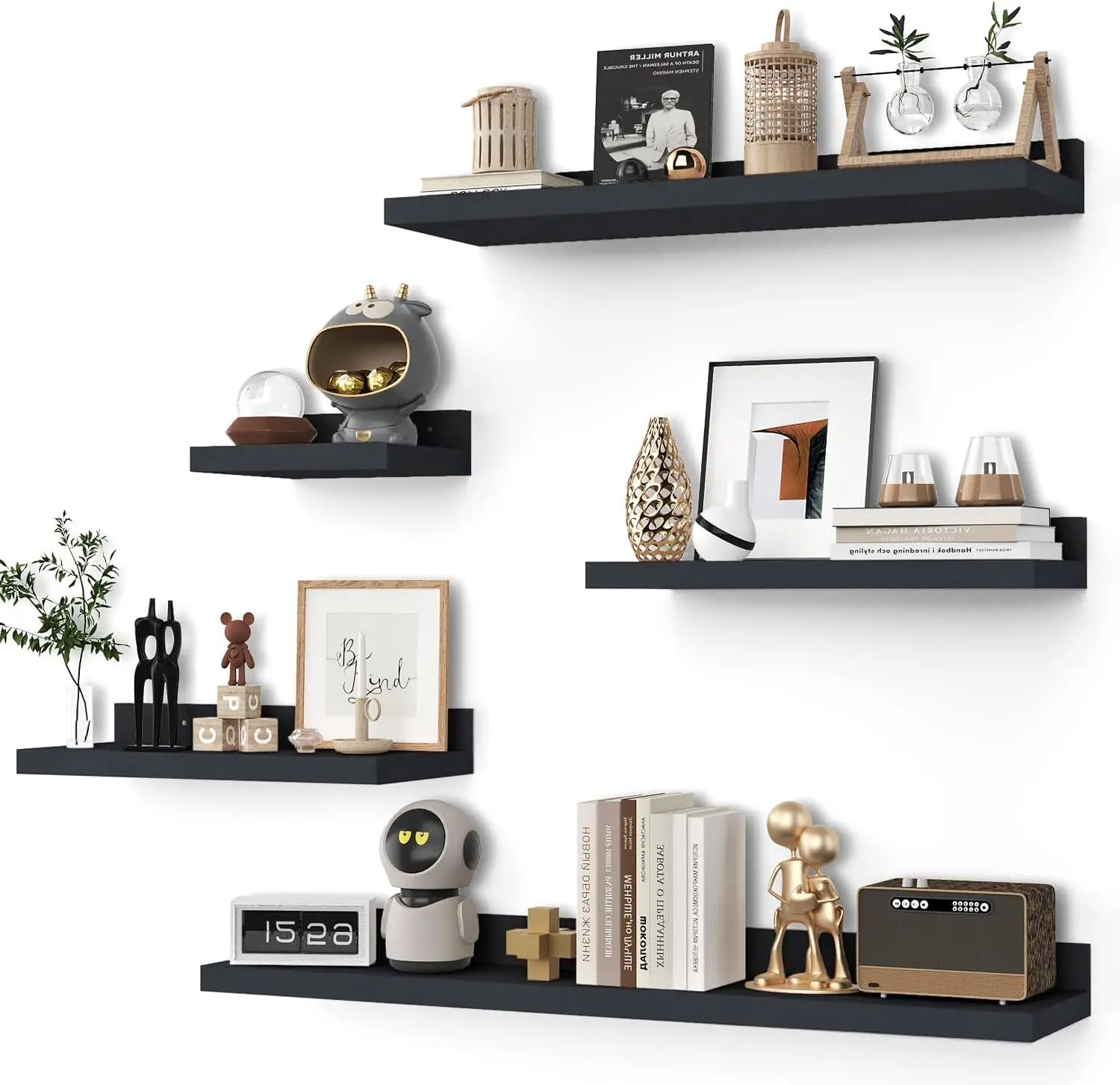 

Floating Shelves for Wall Set of 5,Black Floating Shelves bathroom,30 Inch Natural Wood Book Shelf for Wall Mounted,Hom