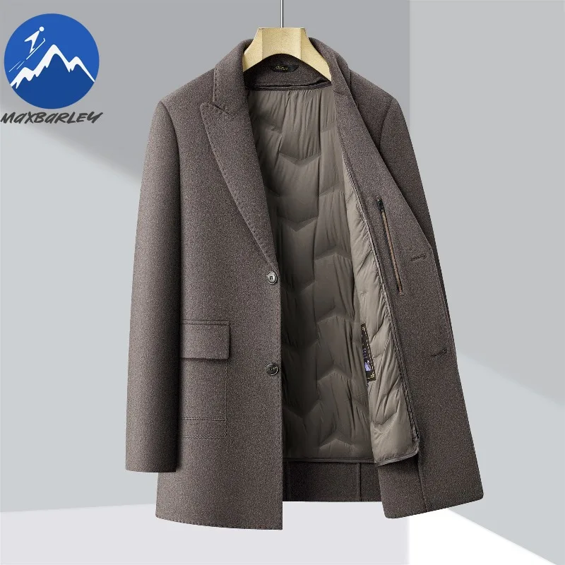 

Luxury Men Wool Blend Jackets Thickened Korean Style Goose Down Filled Jacket Comfort Knee Length Anti Pilling Winter Wool Coat