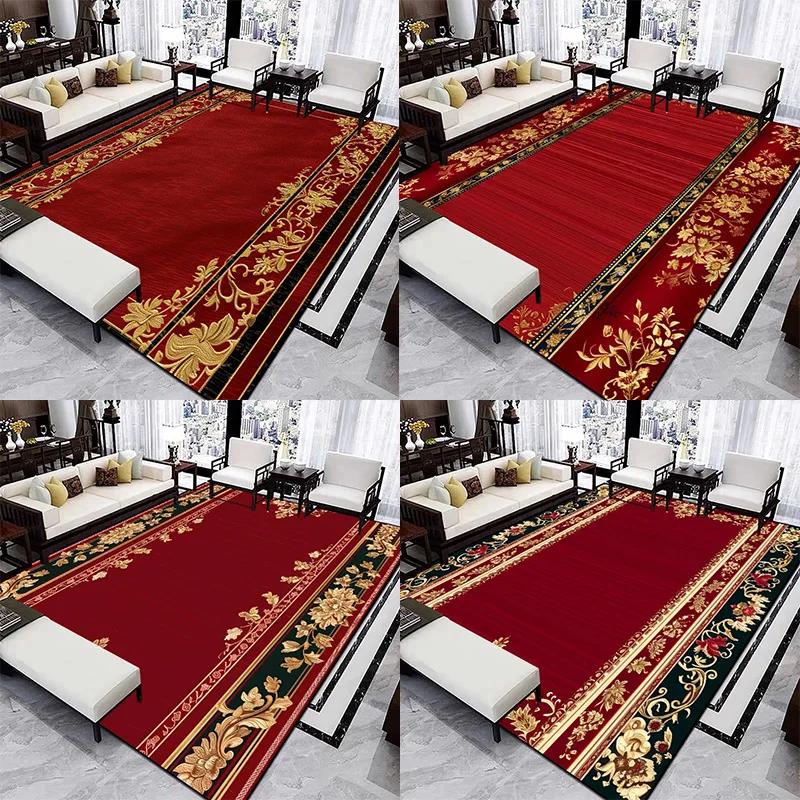 

Luxury Red Large Living Room Carpet Chinese Style Inlaid With Gold Decoration Parlor Sofa Side Mat Non-Slip Rugs Bedroom