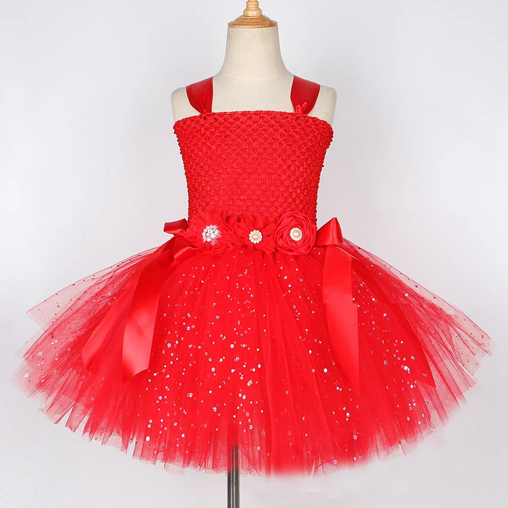 Girls Christmas New Years Costumes Red Sparkles Fairy Princess Dresses for Kids Carnival Outfit Princess Ballet Tutus with Wings