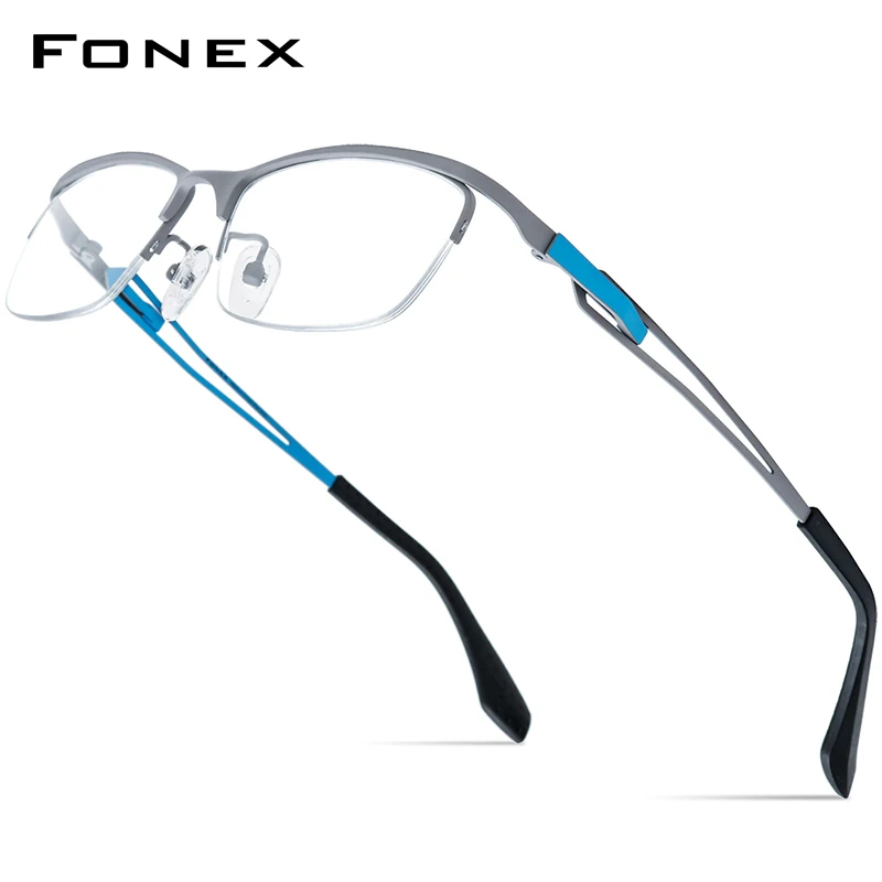 FONEX Titanium Eyeglasses Frame Men Brand Design Square Glasses Ultralight Weight Semi-Rimless Half Rim Japanese Eyewear 85775