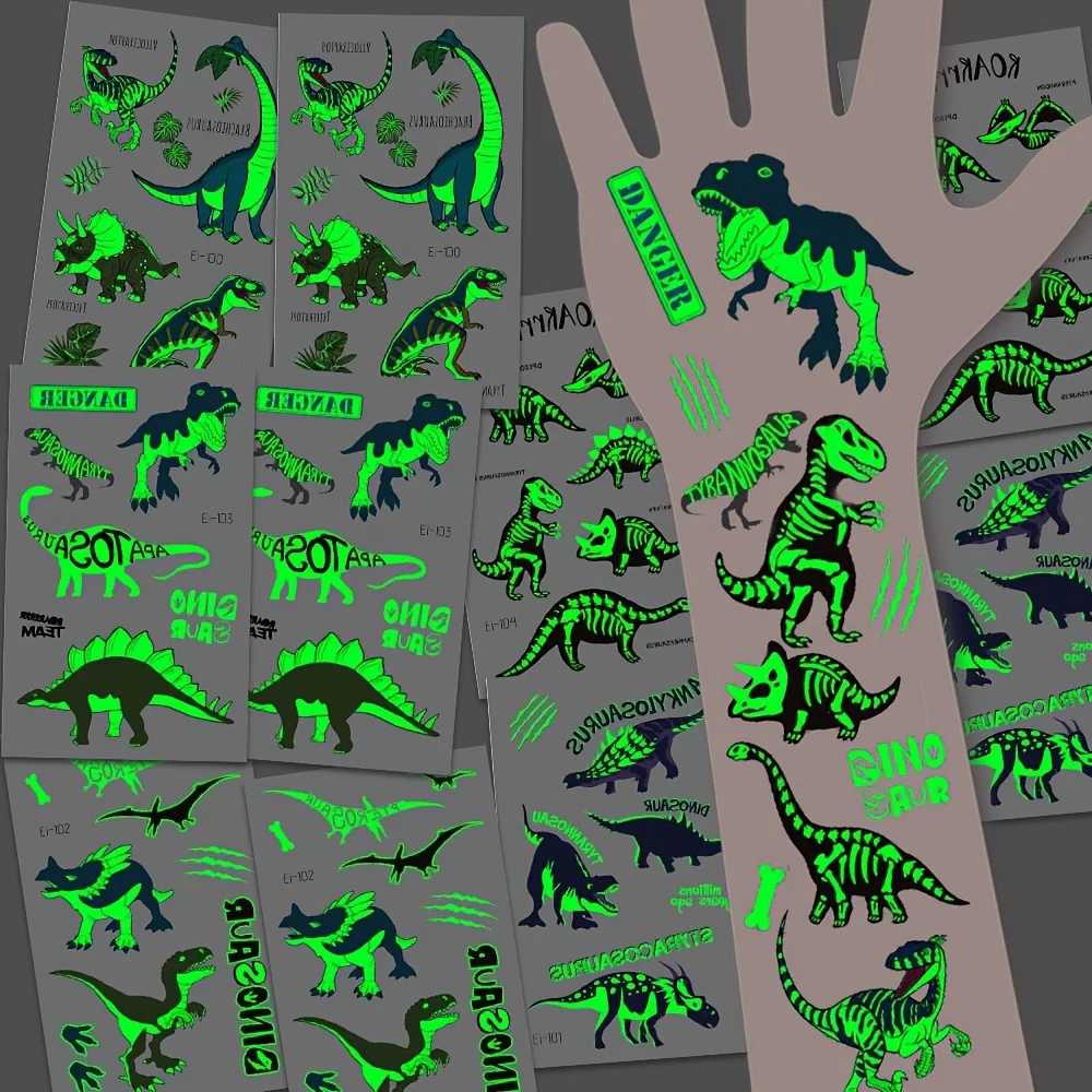 10 arkuszy świecących tatuaży tymczasowych z dinozaurami, wodoodporne, świecące w ciemności T-Rex, Pterodaktyl, Velociraptor, Triceratops, Stegozaur — zdjęcie 3