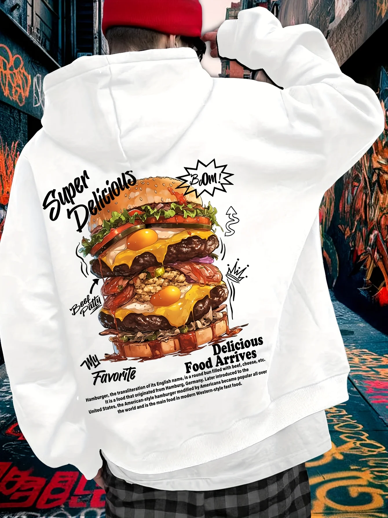 سوبر لذيذ برغر هوديي الرجال مضحك البلوز لذيذ خمر نمط عارضة أعلى، أنماط مطبوعة الظهر، الرجال هوديس #2