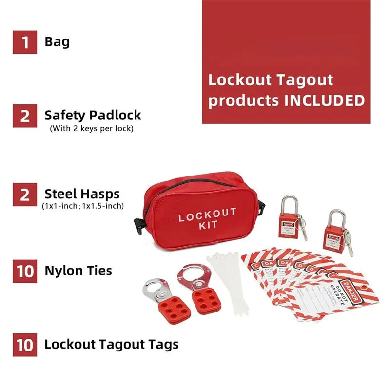 AB25-Lockout Tagout Kit -2 Steel Loto Hasps, 10 Lockout Tagout Tag, 10 Nylon Tie, Nylon Storage Bag Lockout Tagout Locks, Durabl