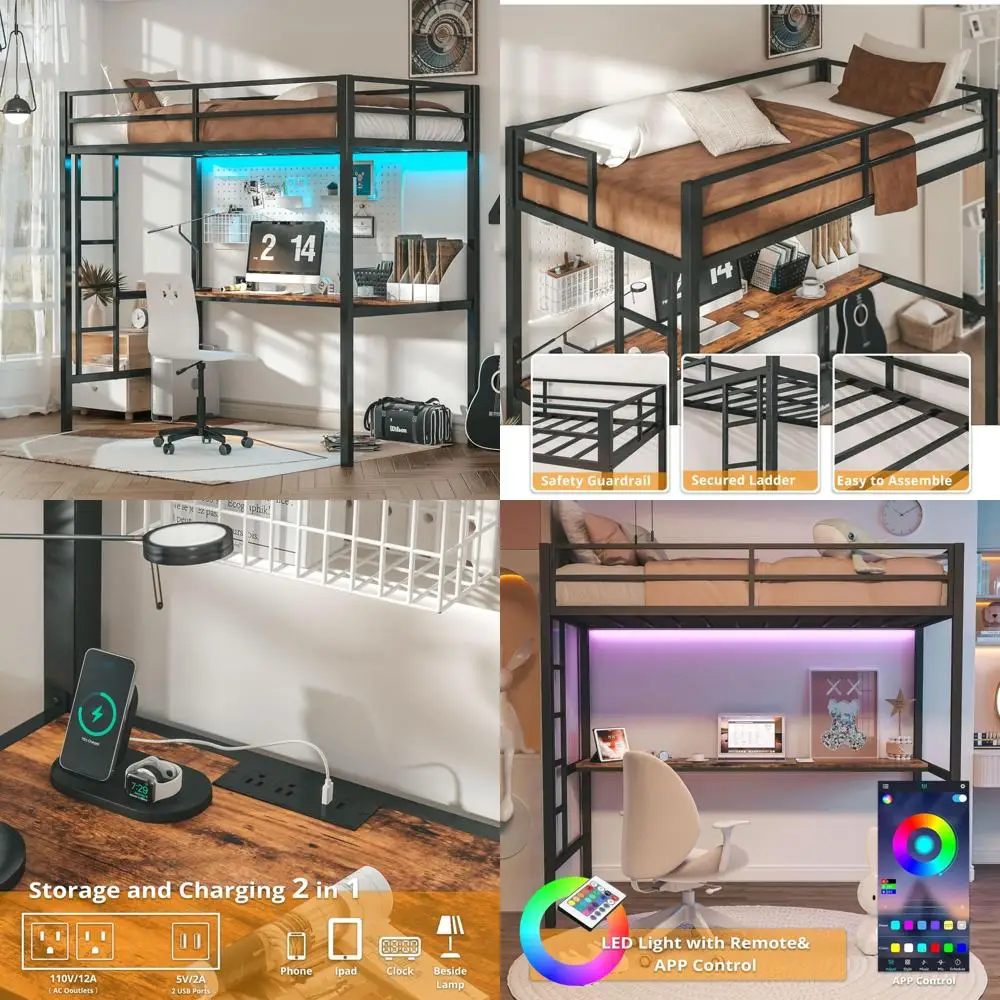 سرير علوي معدني مزدوج الحجم مع مكتب، مخرج طاقة، أضواء LED، موفر للمساحة، خالي من الضوضاء، أسود #1