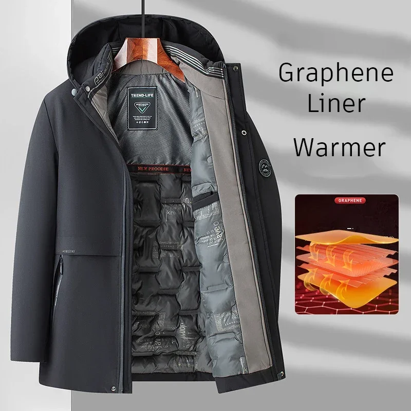 5XL Men's Winter Mid-Long Coat Warm Jacket Thick Coat Hat Detachable Long Jacket Business Jacket Mens Winter Hooded Warm Parkas