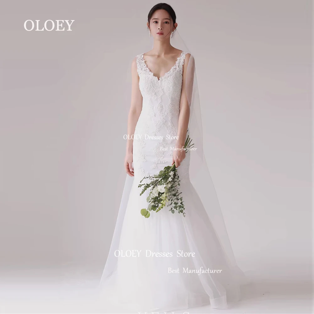 

OLOEY Exquisite Ivory Lace Mermaid Wedding Dress Korea Photoshoot Pleats Tulle Hem V Ncek Bridal Gown Floor Length Zip Back