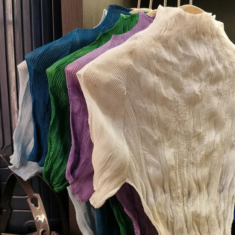 Summer New Thin T-shirt Female Miyake Pleated Half-high Neck Transparent Bottoming Shirt Blouse Tight Thin Sunscreen Clothing
