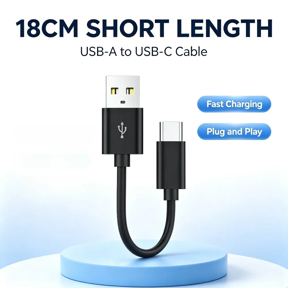 18cm Black Short USB A to Type C Cable Fast Charging Portable USB‑C Charger Cable for Power Bank Phone Earphones