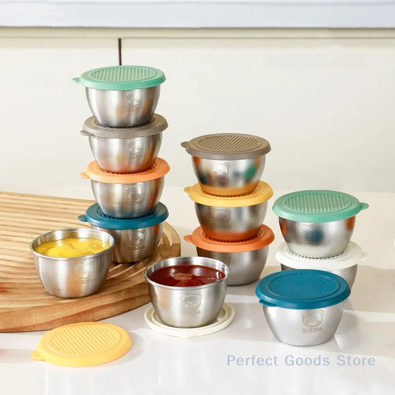 

1/6 Pcs Salad Dressing Container With 80ml Reusable Stainless Steel Cup Leakproof Silicone Lids For Lunch Box And Picnic Kitchen