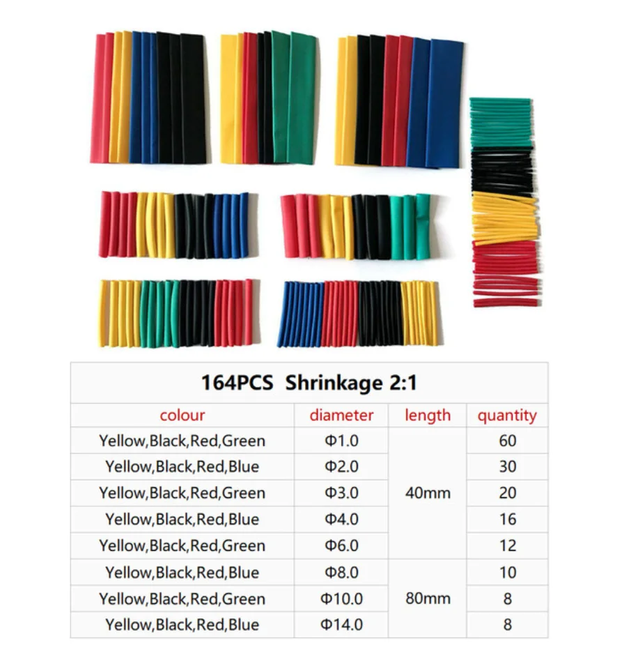 127-teiliges, 164-teiliges, 328-teiliges, 530-teiliges Polyolefin-Schrumpfschlauch-Set, sortiertes Schrumpfschlauch-Set für Kabel, isolierende Schlauchhülle, 2:1 Schrumpfverhältnis