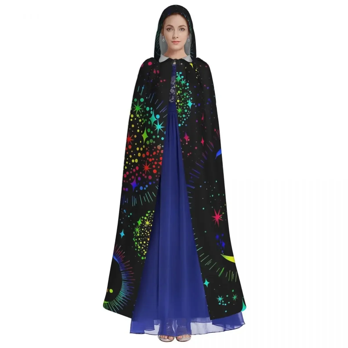 Unisex Witch Party Reversible Hooded Adult Vampires Cape  Rainbow Sketched Moons Stars