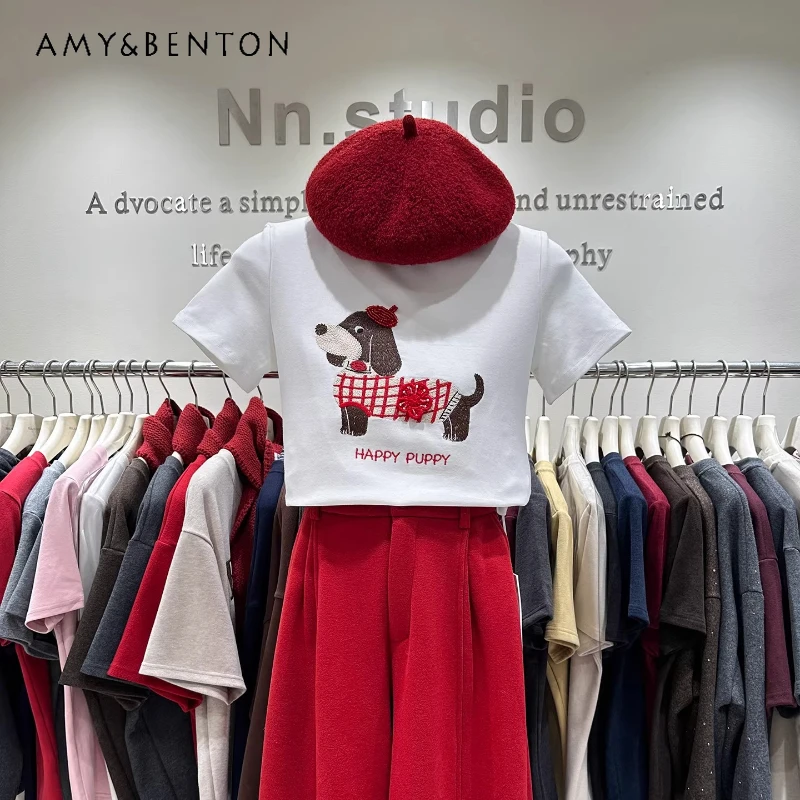 

Heavyweight Brushed Cotton Short Sleeved T-shirt For Women's 2025 Autumn Winter Y2k Embroidered Cartoon Youthful Sweet Short Top