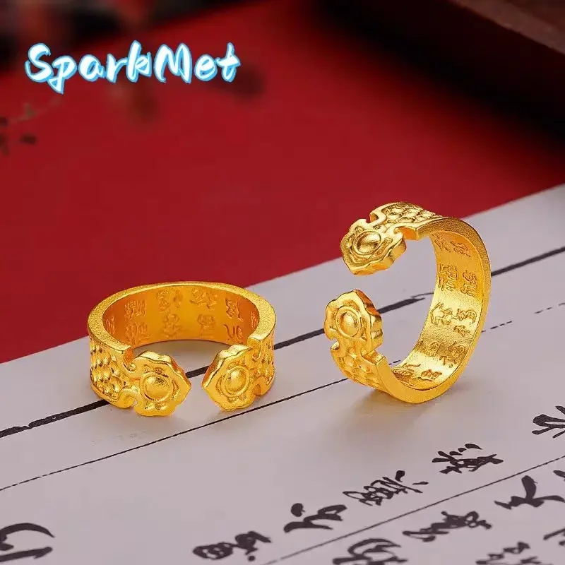 

Sparkmet Couple's 24K Gold (AU999) Ruyi Hundred Blessings Ring | Gold-inlaid ruyi head, hammered vertical with magnetic closure