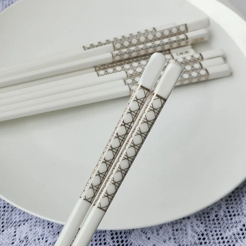 Ceramic Chopsticks Household Food-Grade Gold Checkered High-End Brand New Light Luxury Anti-Mold Anti-Slip Bone China Fast Gift
