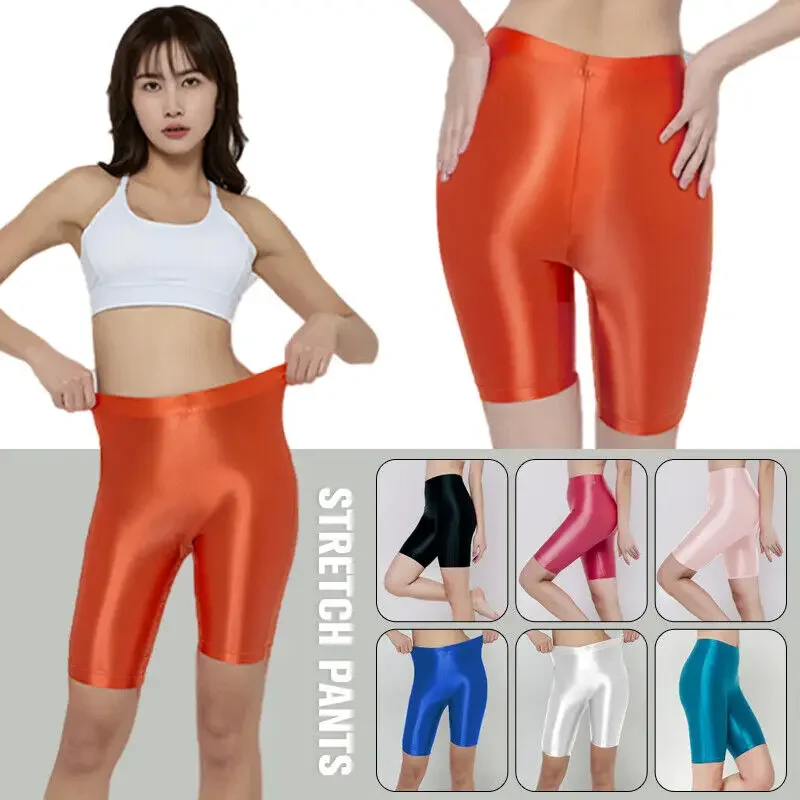 Women Glossy Shorts Elegant Boxer Briefs Panties Oil Shiny Satin Hot Pants Fitness Workout Yoga Sports Tights Short Leggings