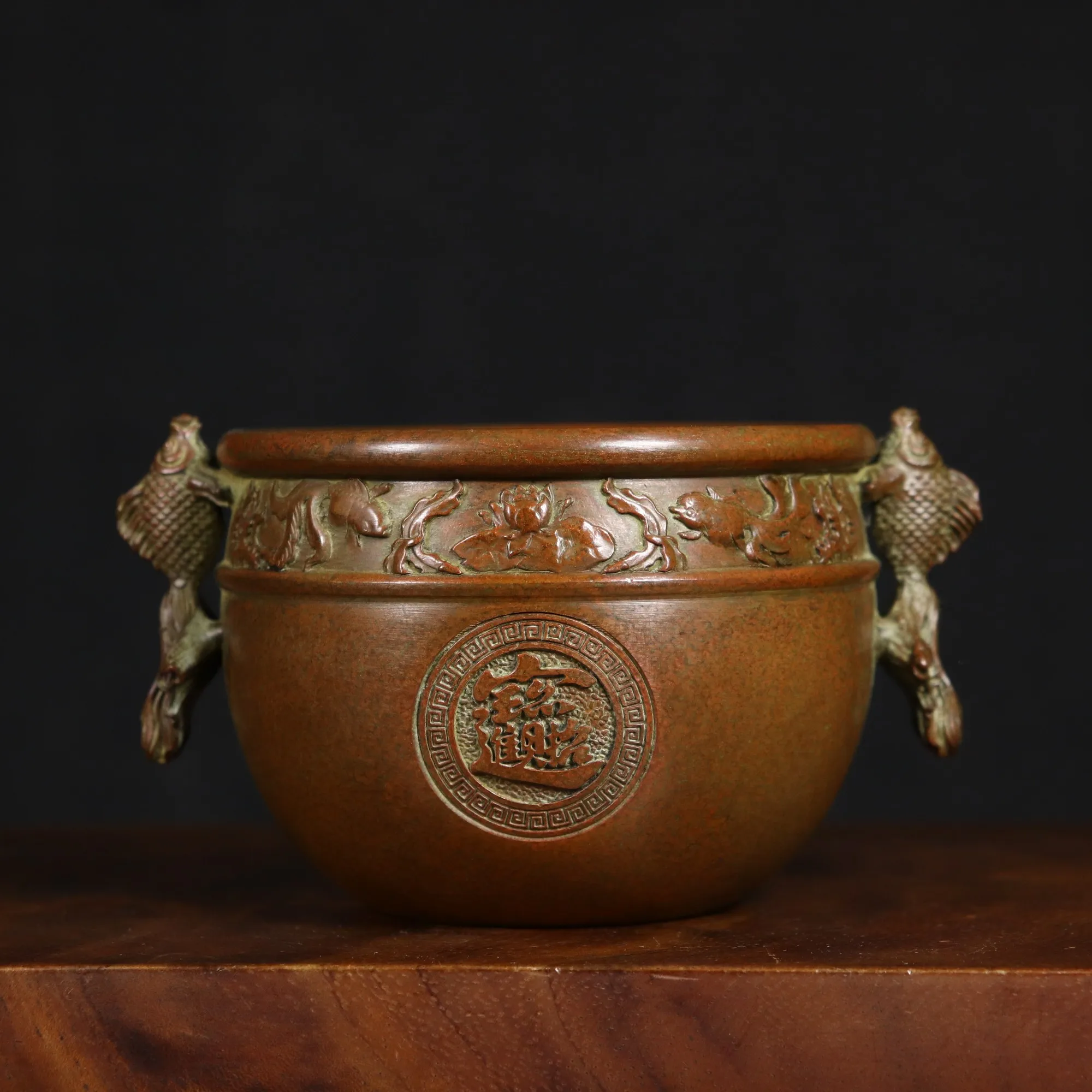 Antique Copper Jar Double Fish Ears Attracting wealth Jar Home Office Desktop Incense Burner Treasure Basin Ornament Craft