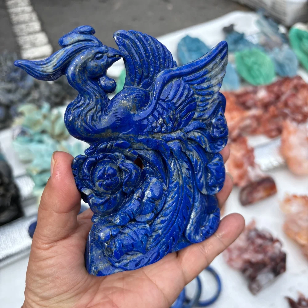 Natural Lapis Lazuli Phoenix Peony Flower Carving Hand Carved Crystal FengHuang Figurine Gemstone Statue Home Desktop Decor Reik