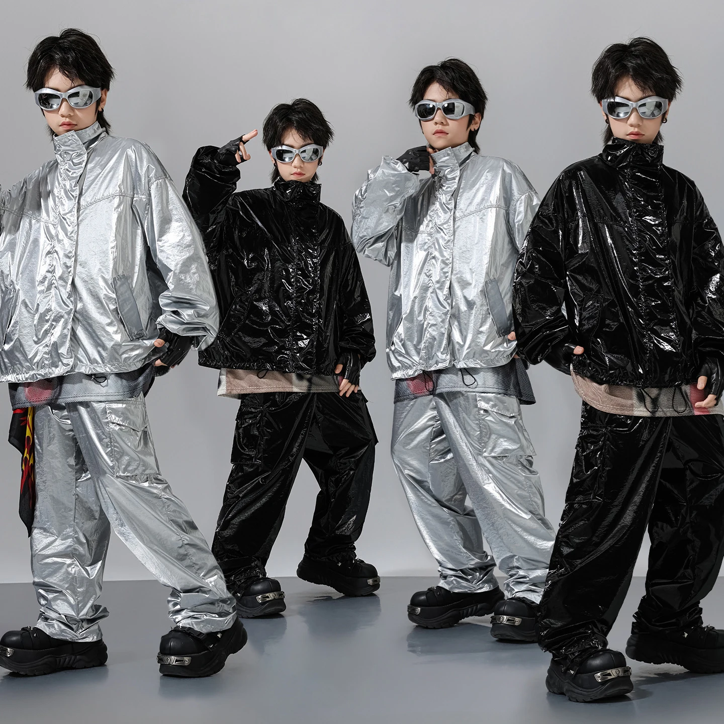 

Детская одежда в стиле хип-хоп Kpop, серебряная куртка из искусственной кожи, повседневные брюки-карго для девочек и мальчиков, костюмы для уличных танцев, комплект одежды