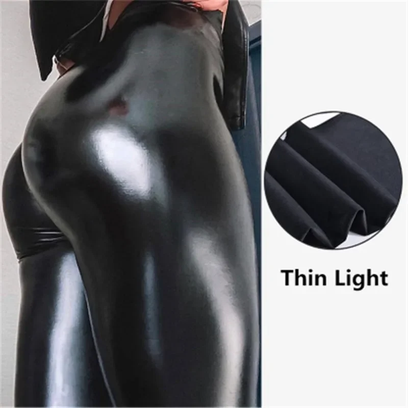 

Push Up Women Black Leggings High Waist Elastic PU Leather Pants Ankle-Length Bottom