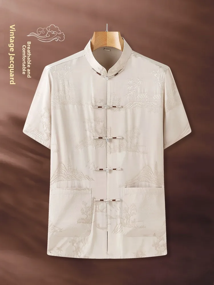 men's-short-sleeve-ice-silk-summer-outfit-set-elderly-dad-traditional-tang-costume-lightweight-breathable-casual-wear