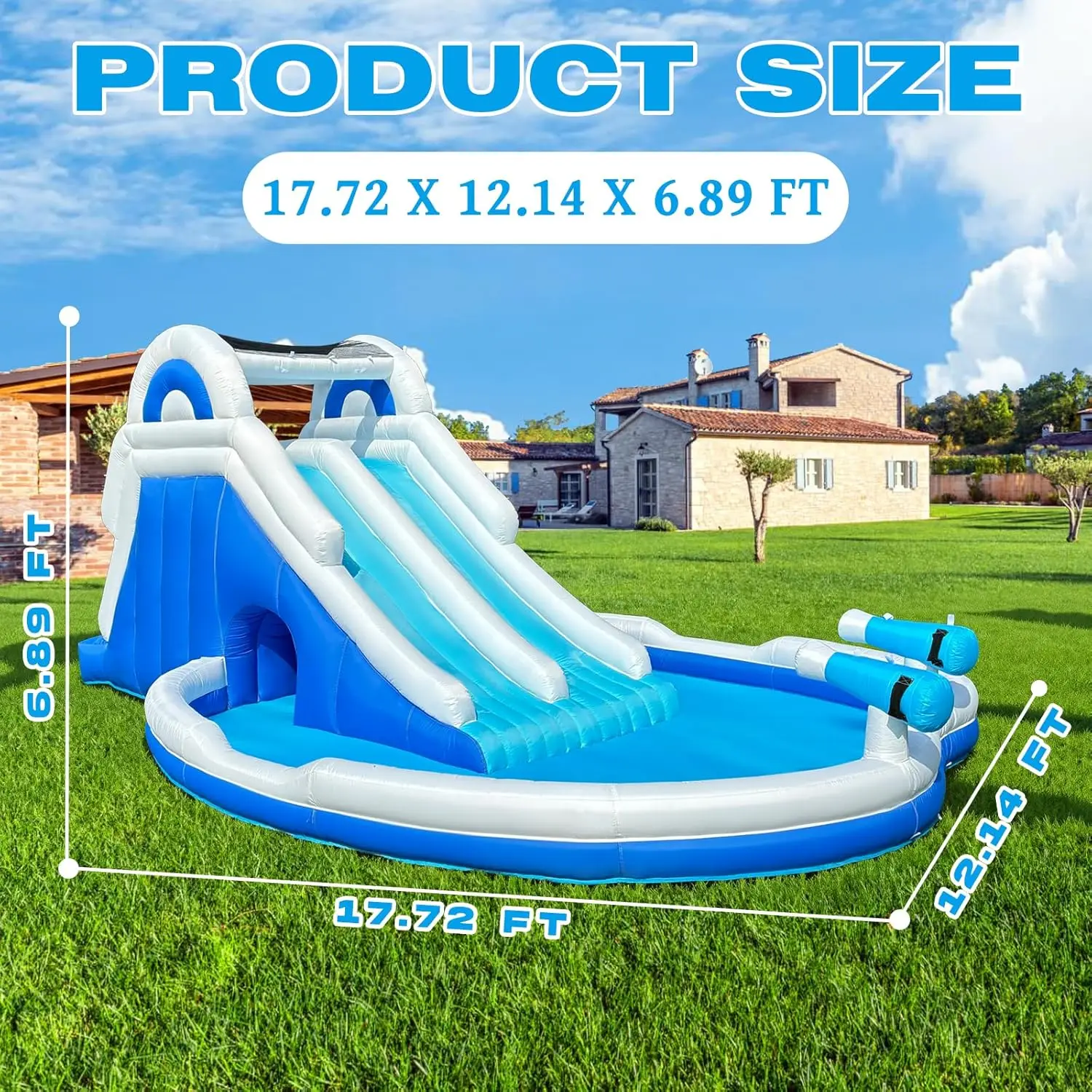 6-in-1 Inflatable Water Park with Two Slides and Oversized Splash Pool, Featuring Water Blasters and Arch Sprinkler, Includes 550W Blower (17.7 x 12 x 6.9 Ft)