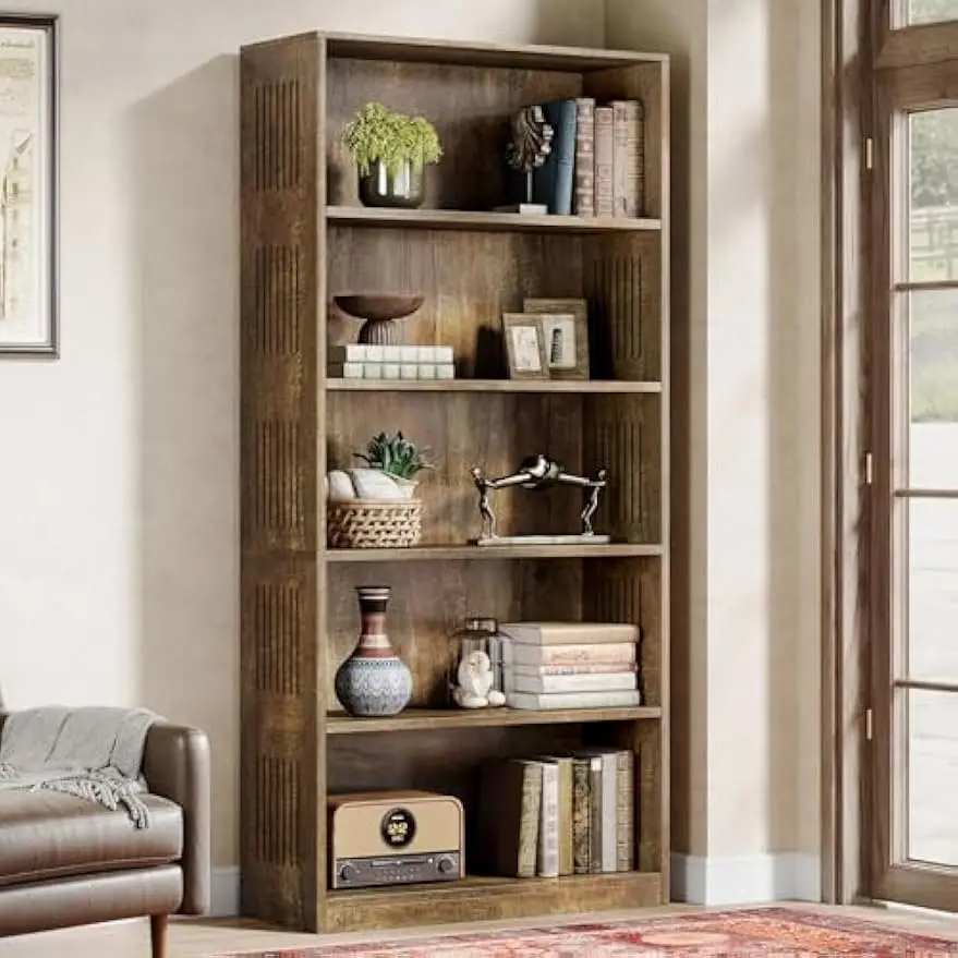 5-Tier 67" Tall Bookshelf, Freestanding Farmhouse Storage Shelf Organizer for Home Office and Living Room