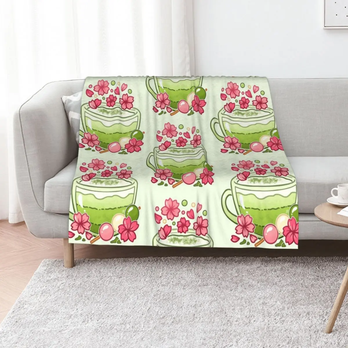 Sakura Matcha Tea Throw Blanket Men's Soft Warm Throw Blanket for Couch