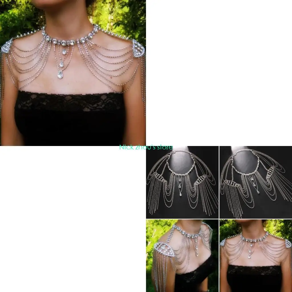 

E15E Crystal Tassels Shoulder Chain Necklace Multilayered Body Jewelry for Women