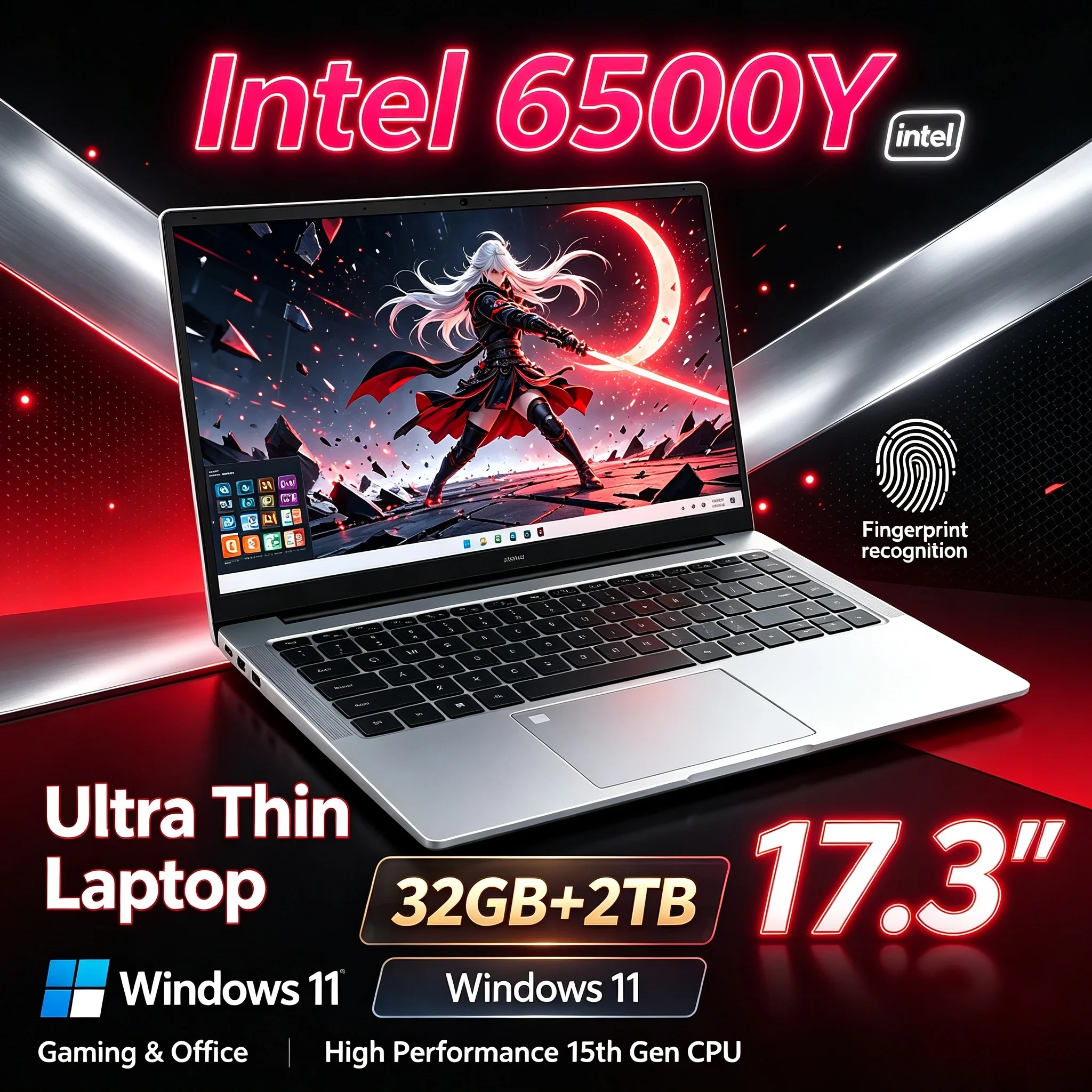 2026 New Portable Notebook 17.3'' HD Screen Intel 6500Y 32GB RAM 1TB 2TB SSD Windows11 WiFi6 BT5.2 Laptop Daily Working Study