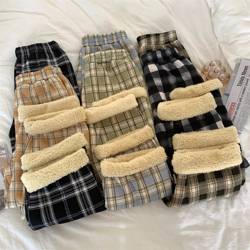 

Fashion Warm Plush Elastic Waist Pants Thick Plaid Women Casual Loose Wide Leg Trousers Korean Streetwear Straight Student Pant