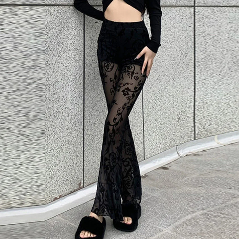 

Sexy Goth Casual Black Lace Patchwork Flares Korean Harajuku High Waist Vintage Pants Punk Hippie Clothes Techwear Emo Trousers