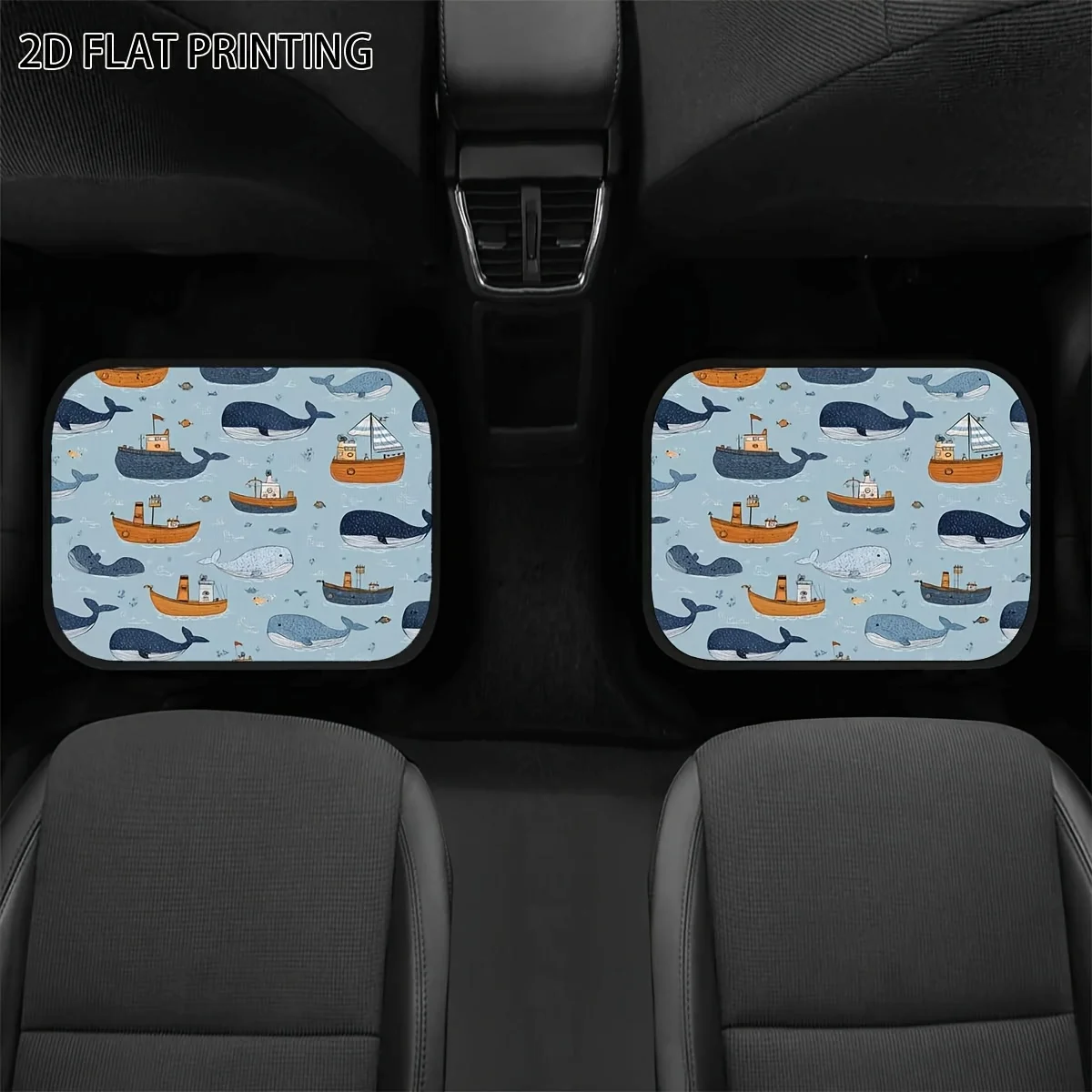 4pcs Whale Boat Full-Coverage Ocean Pattern Print Car Floor Mats, Universal Material Interior Accessories For All Seasons Vehicl