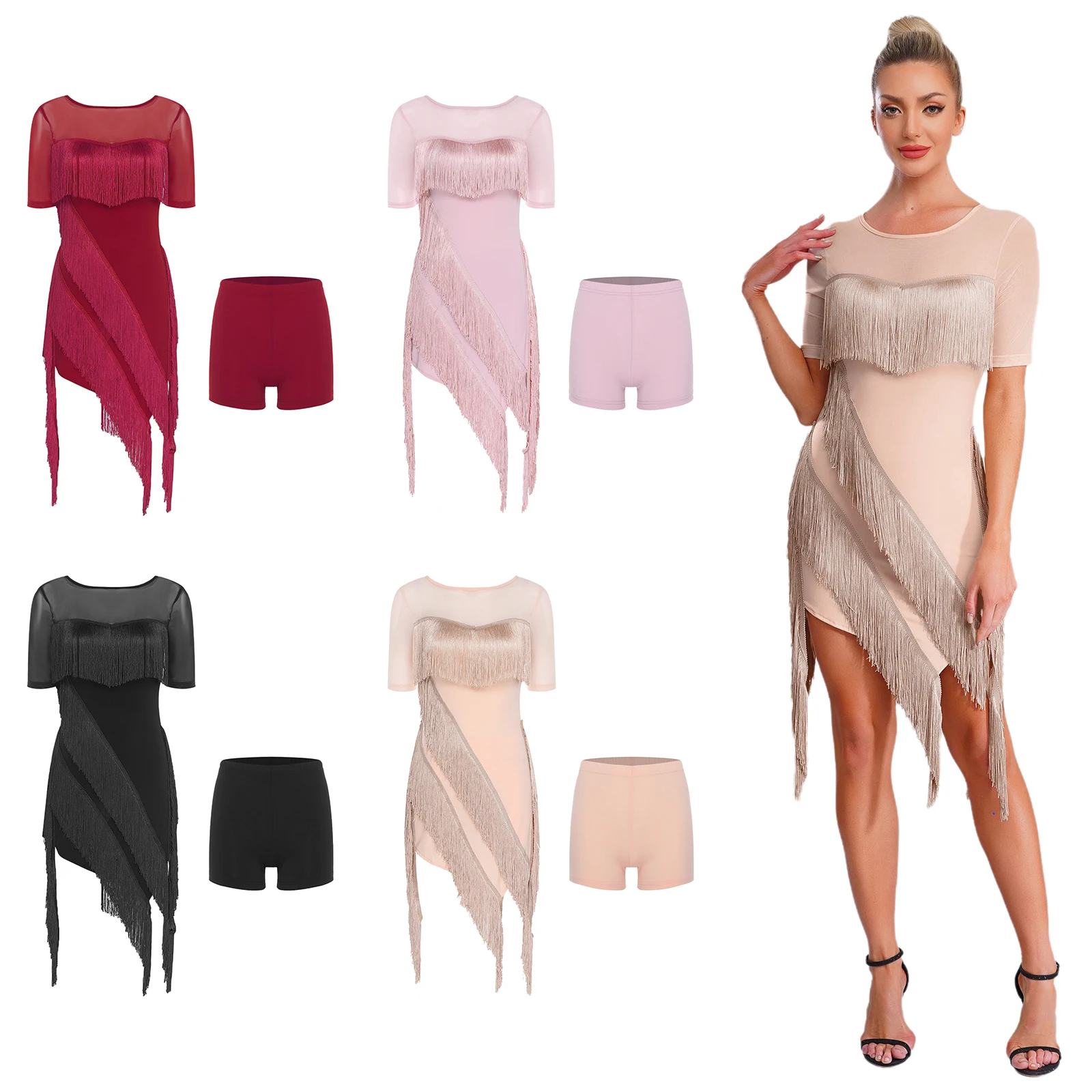 女性ラテンダンスタッセルドレスパフォーマンスコスチューム安全ショーツ付きタンゴサンバチャチャダンスプロフェッショナル練習衣装