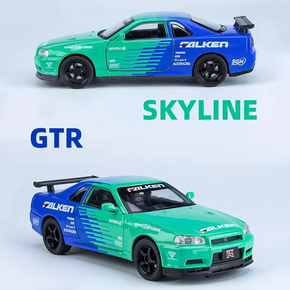 SKYLINE-GTR Alloy Toys Carros para Crianças, Modelo Diecast, Pull Back, Carro Esportivo com Música Leve, Veículo, Presentes de Aniversário, Escala 1:32