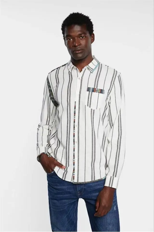 Spain new foreign trade color contrast striped fashion men's long sleeve shirt