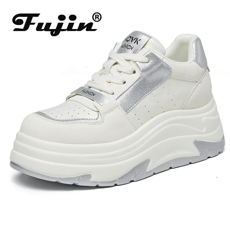 Fujin 8.5cm Cow Genuine Leather Platform Wedge Flats Shoes Spring Autumn Vulcanize Chunky Sneaker Casual Comfy High Brand Shoes