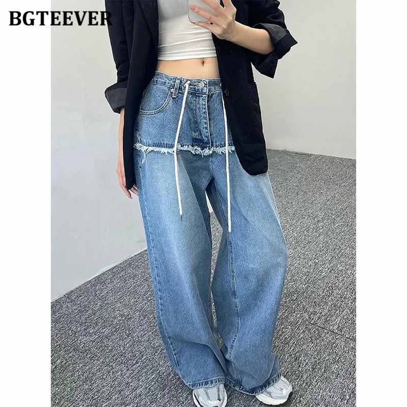 

BGTEEVER Korean-style Patchwork Denim Jeans for Women High Waist Loose Wide Leg Denim Trousers Female