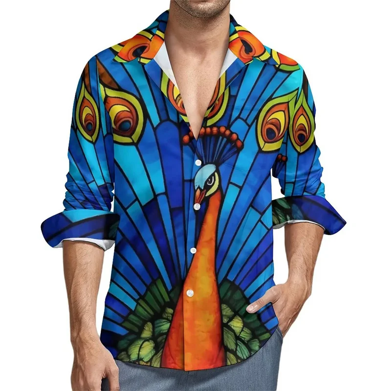 Peacocks Feather Pattern Hawaiian Shirts For Men Animal 3D Printed Blouse Spring Autumn Casual Loose Aloha Shirts Long Sleeves